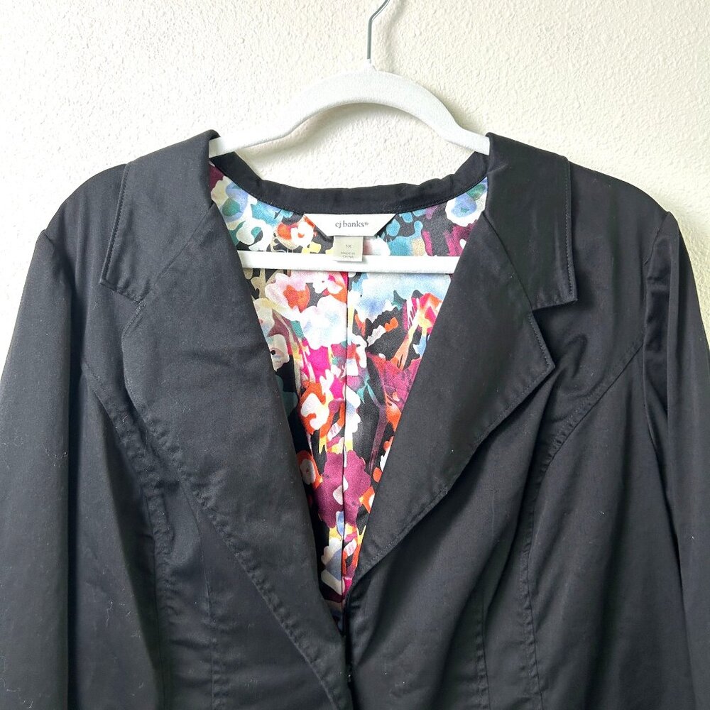CJ Banks Blazer Jacket Womens 1X Black Two Button Stretch Floral Cuff Office - Picture 2 of 15
